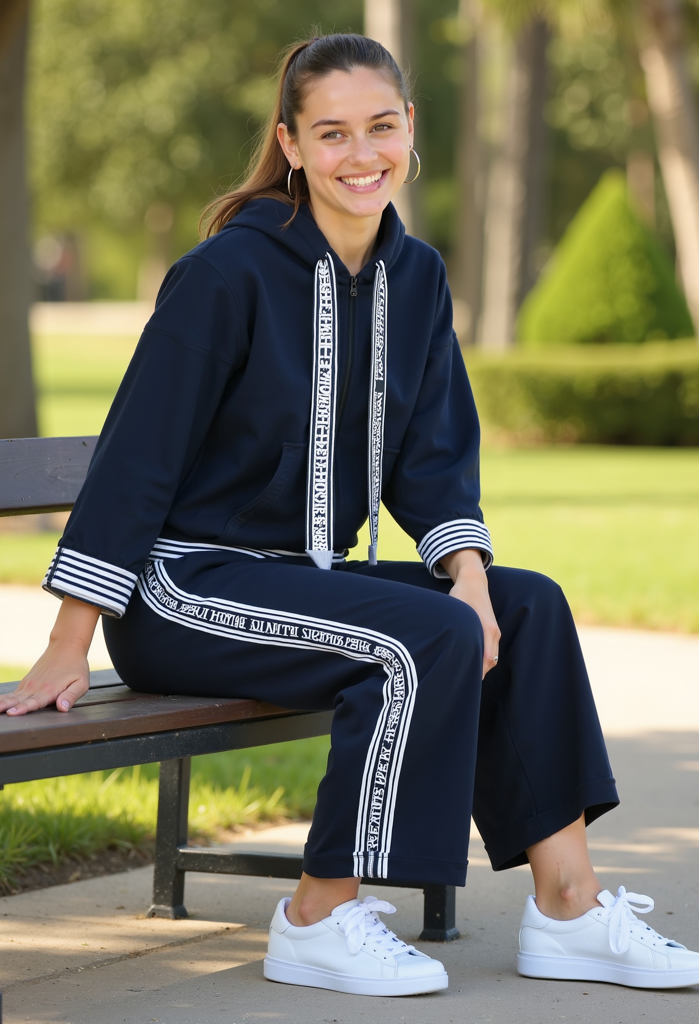 beautiful young woman, smiling, ponytail, clo015, wearing a navy-blue hoodie with graphic ribbon details and white accents, wide trousers with side stripes and a bold text detail, white platform sneakers, sitting on a bench in a park, sunshine