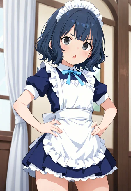 masterpiece, best quality, absurdres, very aesthetic,
1girl, waitress, blue hair, solo, maid, maid headdress, short hair, open mouth, blue eyes, hand on hip, looking at viewer, maid apron, enmaided, blue dress, black eyes, eyelashes, frills, grey eyes, blurry background, puffy short sleeves, chestnut mouth, eyebrows visible through hair, triangle mouth, standing, bangs, blue neckwear, anime coloring, cowboy shot, indoors, blue bow, white apron, shiny hair, v-shaped eyebrows, wavy hair, blush, depth of field, frilled apron, blue ribbon, neck ribbon, clenched hand, :<, :o, curtains, blue skirt, angry, pleated skirt, hands on own hips, hand on own hip, pillar, blue bowtie, black hair