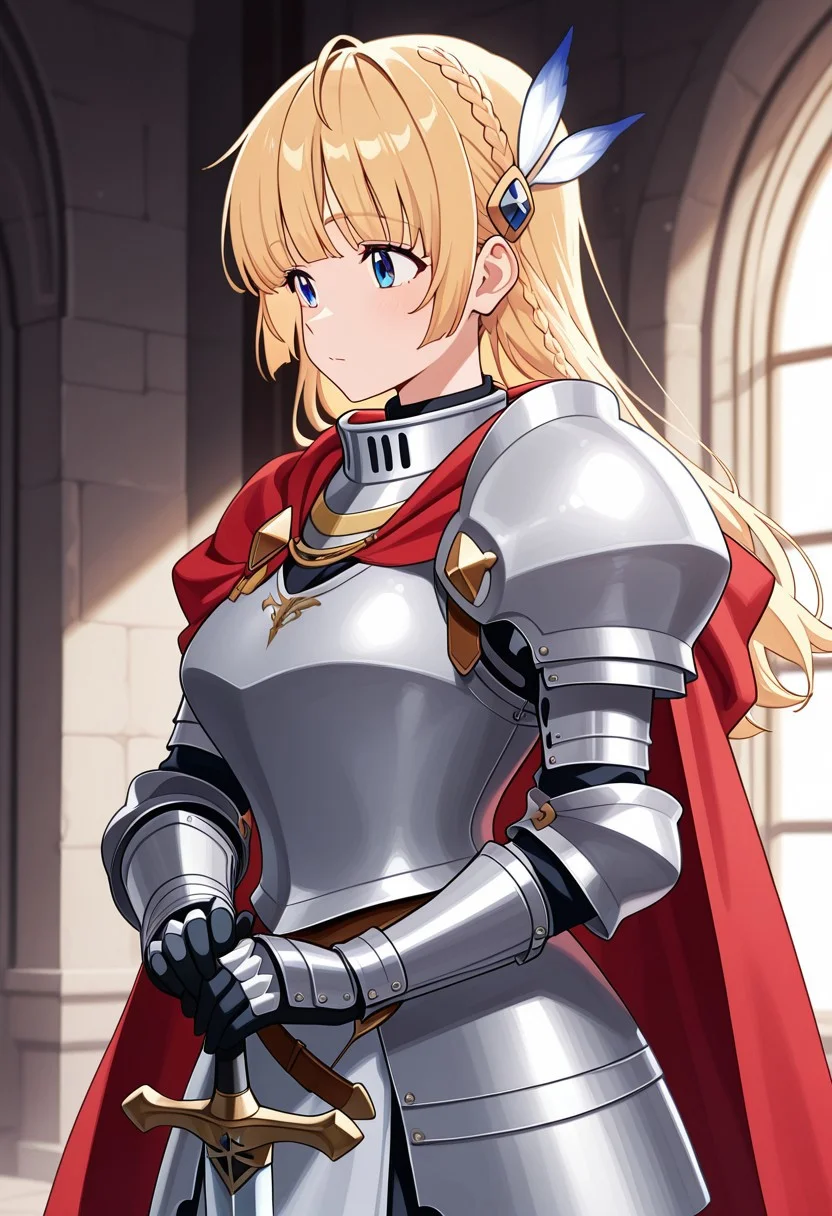 masterpiece,best quality,highres, absurdres, angelica_963, angelica_knight, 1girl, solo, long hair, blue eyes, bangs, blonde hair, braid, breasts,
hair ornament, armor, shoulder armor, cape, pauldrons, gauntlets, knight,glove, red cape,
holding, weapon, sword, anime screenshot, official art,
