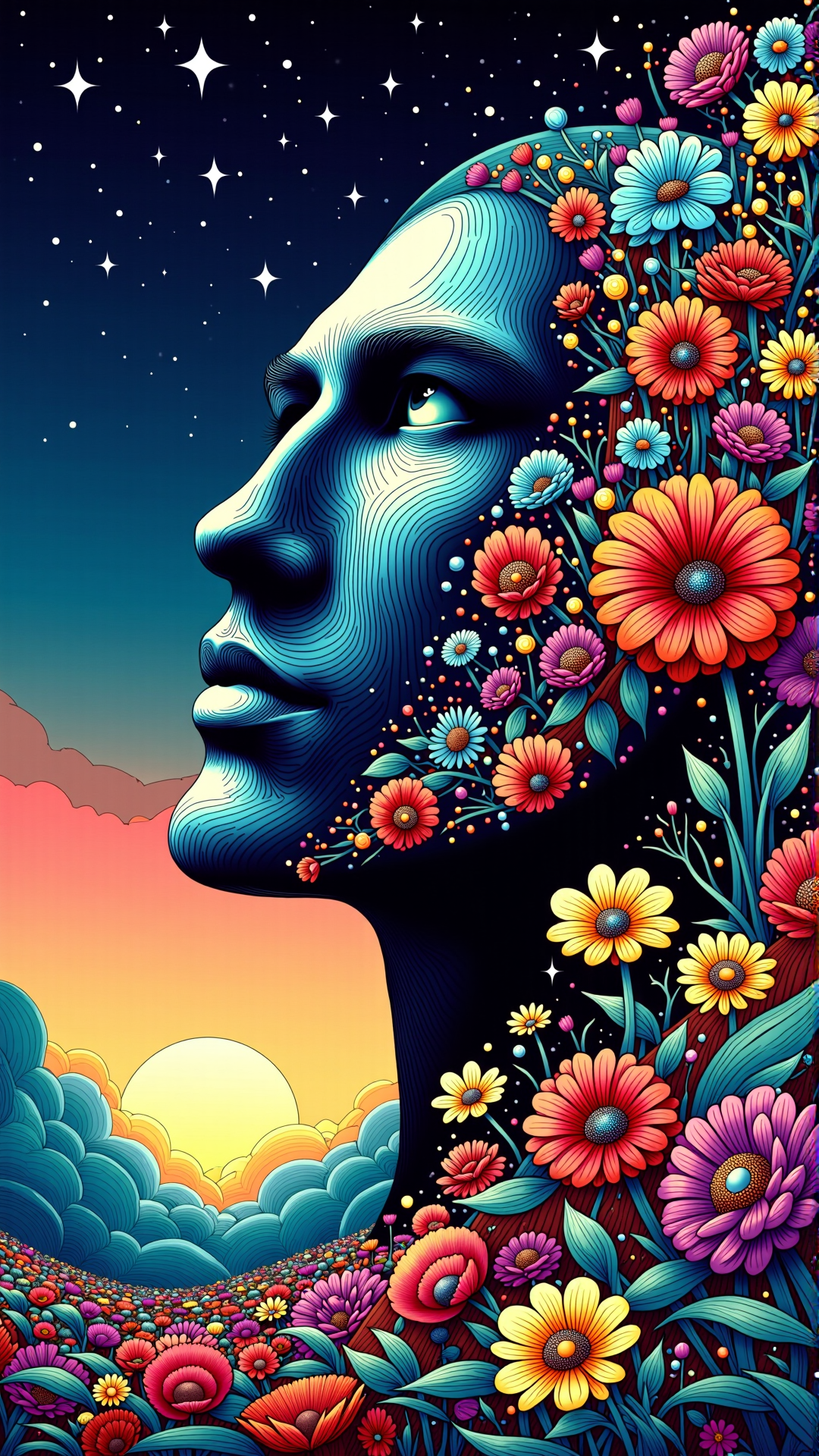 colorful, A giant in a dreamlike state, with a vibrant garden of sound visualized in a windy meadow, at sunset, with a velvet night sky and diamonds twinkling in the background, soft and bright colors, detailed and textured, close-up view of the giant's face, focused on the eyes, expressing a peaceful and introspective mood<lora:NoctichromeFlux:1>