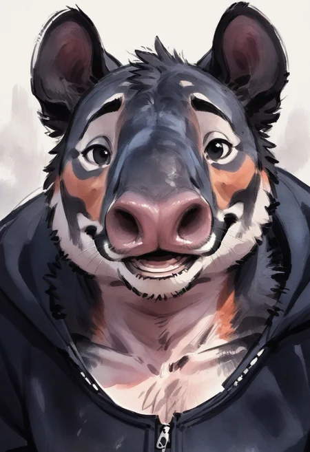 Score_9, score_8_up, score_7_up, watercolor, sketch, close up, headshot, white background,
full body, tiny tail, short fur, long nose, round nostrils, hanging nose, black fur, black eyes, mouth open, smiling,
anthro, (source_furry), M0unta1n_Tap1r