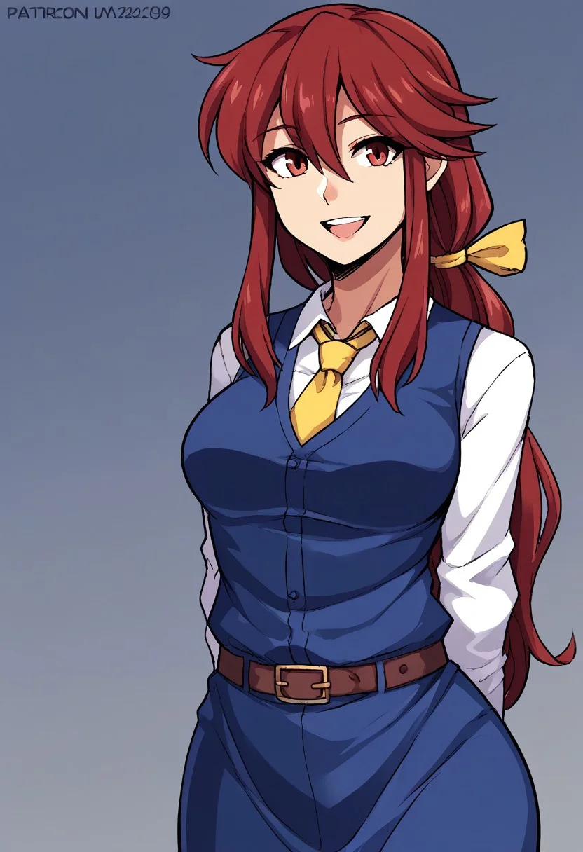 score_9, score_7_up, source_anime, source_cartoon, source_explicit, BREAK, colorful, aesthetic, illustration, (cutesexyrobutts:0.3), kotohime (touhou), long hair, red hair, red eyebrows, hair between eyes, bangs, sidelocks, low-tied long hair, tied hair, low ponytail, hair ribbon, yellow ribbon, red eyes, breasts, white shirt, collared shirt, long sleeves, yellow necktie, blue vest, brown belt, blue skirt, hands behind back, open mouth, smile, teeth, simple background, looking at viewer, facing viewer, standing in front of viewer, standing