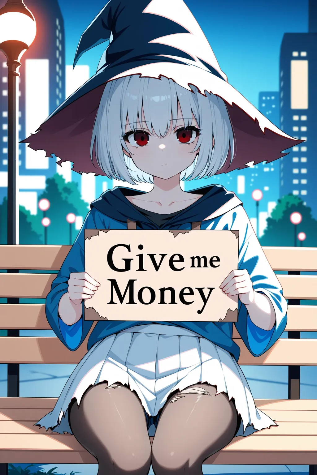 1girl, solo, cute, white short hair, wizard hat, close-up, shaded face, (ragged clothes:2.0), oversized shirt, (skirt:1.2), pantyhose, text, holding sign board with "GIVE ME MONEY", shorts, black thighhighs, expressionless, relaxing, sitting on bench, empty eyes, park, city, scenery, night, depth of field, masterpiece, best quality