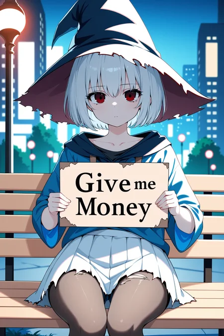 1girl, solo, cute, white short hair, wizard hat, close-up, shaded face, (ragged clothes:2.0), oversized shirt, (skirt:1.2), pantyhose, text, holding sign board with "GIVE ME MONEY", shorts, black thighhighs, expressionless, relaxing, sitting on bench, empty eyes, park, city, scenery, night, depth of field, masterpiece, best quality
