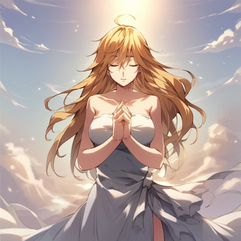 score_9_up, score_8_up, score_7_up, source_anime, 1girl, solo, sunlight, clouds, sky, standing, eyes closed, (praying:1.1), Marie, long hair, blonde hair, green eyes, bare shoulders, strapless dress, white dress, scar on neck, collarbone, mature body, (guillotine:1.3)