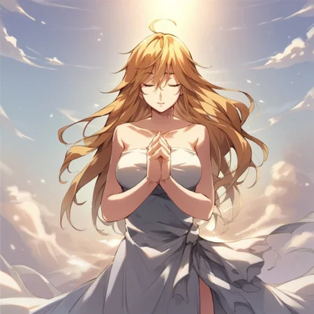 score_9_up, score_8_up, score_7_up, source_anime, 1girl, solo, sunlight, clouds, sky, standing, eyes closed, (praying:1.1), Marie, long hair, blonde hair, green eyes, bare shoulders, strapless dress, white dress, scar on neck, collarbone, mature body, (guillotine:1.3)