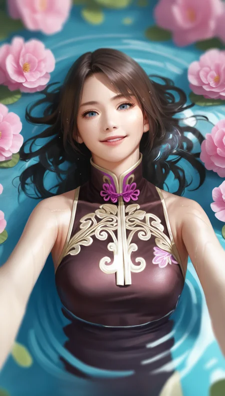 score_9,score_8_up,score_7_up,
<lora:diaochan:0.9>,
diaochan,
highres,photorealism,Cinematic Lighting,bloom,
1girl,solo,brown hair,long hair,bangs,
blue eyes,looking at viewer,smile,parted lips,
purple cheongsam,
portrait,lying,on back,face focus,reaching out,
wet,from above,in water,
blurry background,outdoors,flowers in background,(clear water:1.1),light particles,