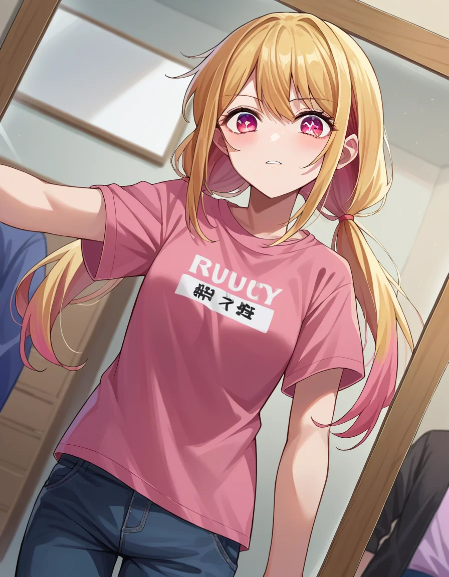 score_9, score_8_up, score_7_up, source_anime,
rubyhoshino, <lora:ruby-hoshino-ponyxl-lora-nochekaiser:1>,
ruby hoshino, long hair, bangs, blonde hair, pink eyes, sidelocks, symbol-shaped pupils, multicolored hair, two-tone hair,
shirt, twintails, pants, low twintails, t-shirt, clothes writing, pink shirt,
indoors, studio, mirror, dancing,
looking at viewer, cowboy shot, dutch angle,