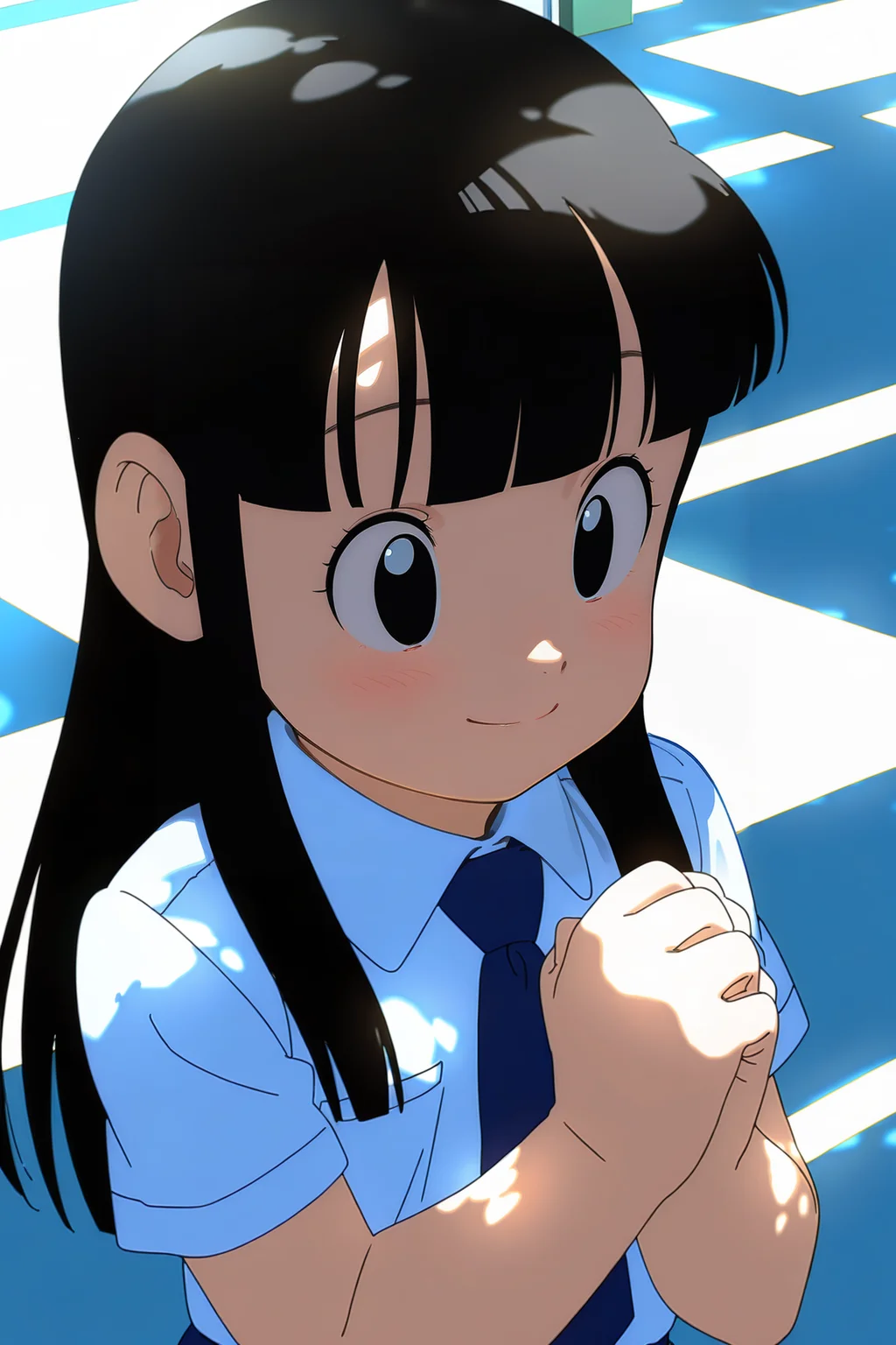 anime screencap, absurdres, high quality, official style,
chi-chi, aged down, female child, 1girl, solo, long hair, blunt bangs, smile, black hair, black eyes, white collared shirt, necktie, city, dappled sunlight, short sleeves, own hands together, upper body, from above, dappled sunlight,
<lora:Chi_Chi_IL:0.8>