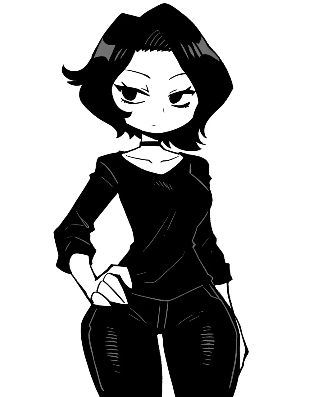 masterpiece, best quality, high quality, absurdres, very awa, (sketch:1.1), lineart, monochrome, greyscale, traditional media, crayon /(medium/), crayon /(artwork/),(artist: rariatto /(ganguri/):0.8), 1girl, solo, doomer girl, (pale skin), black hair, black shirt, black pants, <lora:noobaivpred075_doomer_girl:1>