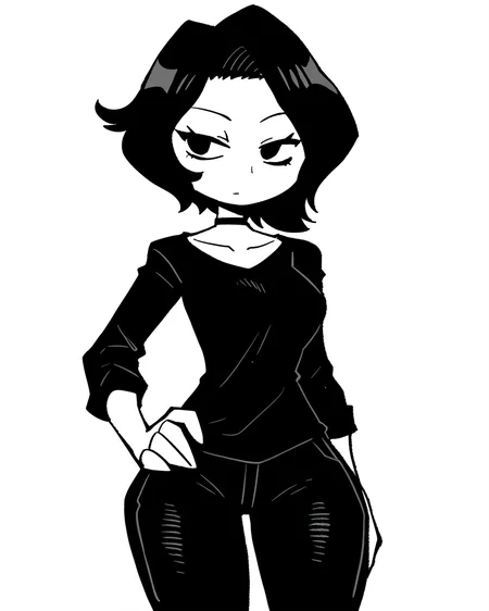 masterpiece, best quality, high quality, absurdres, very awa, (sketch:1.1), lineart, monochrome, greyscale, traditional media, crayon /(medium/), crayon /(artwork/),(artist: rariatto /(ganguri/):0.8), 1girl, solo, doomer girl, (pale skin), black hair, black shirt, black pants, <lora:noobaivpred075_doomer_girl:1>
