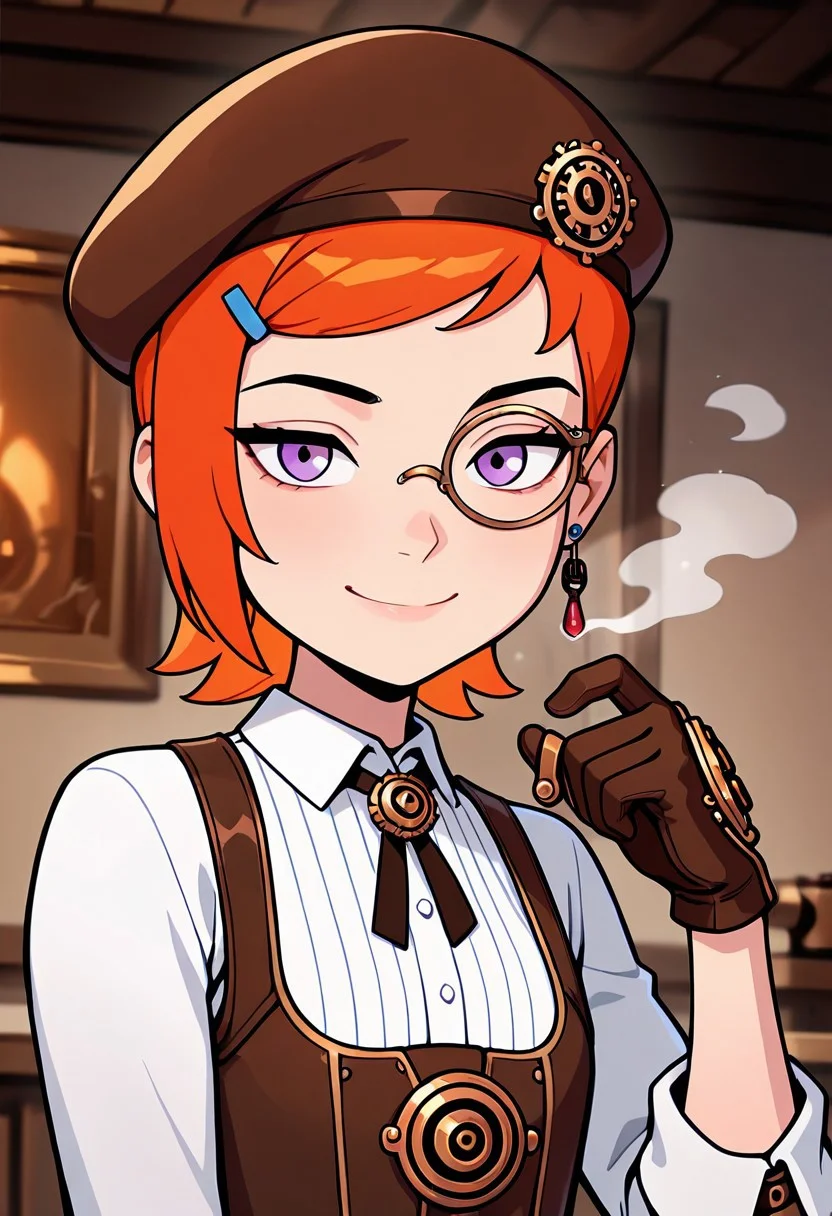 ((screencap, cartoon)) , masterpiece, best quality, amazing quality, very aesthetic, absurdres, newest,
gwenos,, short hair, hairclip, orange hair, 1girl, , earrings, ((solo)),, eye liner, purple eyes
steampunk clothing, steampunk outfit, steampunk glove, steampunk style, smile, monocle, beret, steam punk city, white shirt,