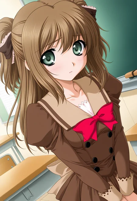masterpiece,best quality,amazing quality, 1girl, c lip, long hair, brown hair, green eyes, hair ribbon, two side up, brown dress, red bowtie, beige bow, juliet sleeves, long sleeves, looking at viewer, indoors, chalkboard, school desk, dutch angle, collarbone, <lora:Sweet_Lip_ILLUS_c-000008:1>,