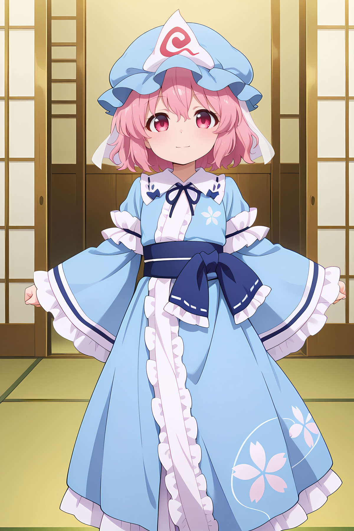 absurdres, highres, masterpiece, best quality, amazing quality, official anime artwork, screencap, anime screencap, indoors, looking at viewer, dynamic pose,  light smile, 
 <lora:Yuyuko-Saigyouji_IllustriousV2:1> saigyouji yuyuko, 1girl, solo, pink eyes, pink hair, short hair, aged down,, mob cap, triangular headpiece, blue kimono, long sleeves,  wide sleeves, sash, ribbon, floral print,