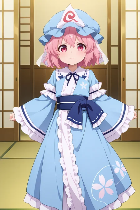 absurdres, highres, masterpiece, best quality, amazing quality, official anime artwork, screencap, anime screencap, indoors, looking at viewer, dynamic pose,  light smile, 
 <lora:Yuyuko-Saigyouji_IllustriousV2:1> saigyouji yuyuko, 1girl, solo, pink eyes, pink hair, short hair, aged down,, mob cap, triangular headpiece, blue kimono, long sleeves,  wide sleeves, sash, ribbon, floral print,