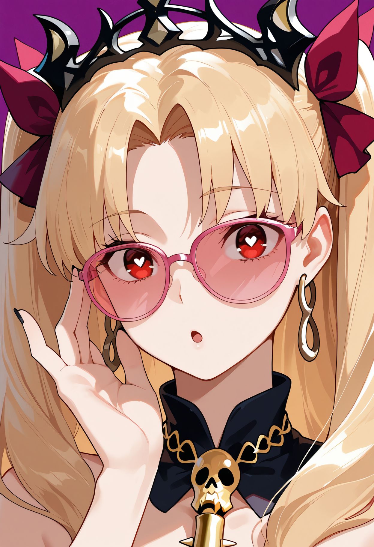 masterpiece,best quality,amazing quality,absurdres, BREAK
ereshkigal \(fate\), 1girl, :o, adjusting eyewear, artist name, black nails, blonde hair, earrings, fingernails, hair ribbon, heart, heart-shaped pupils, jewelry, long hair, parted bangs, pink-framed eyewear, pink-tinted eyewear, portrait, purple background, red eyes, red ribbon, ribbon, simple background, solo, star \(symbol\), symbol-shaped pupils, tinted eyewear, two side up, upper body