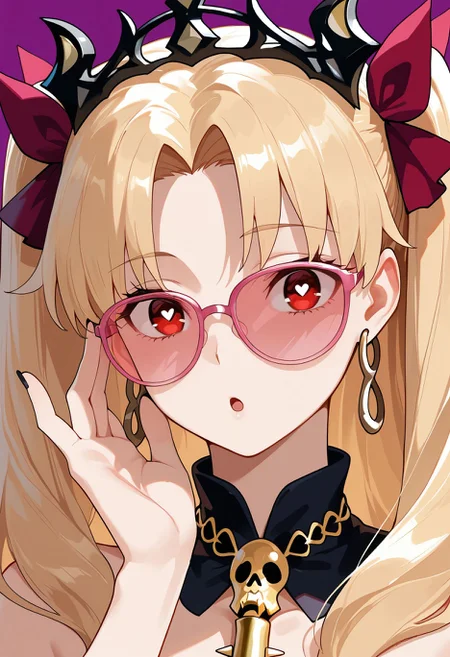 masterpiece,best quality,amazing quality,absurdres, BREAK
ereshkigal \(fate\), 1girl, :o, adjusting eyewear, artist name, black nails, blonde hair, earrings, fingernails, hair ribbon, heart, heart-shaped pupils, jewelry, long hair, parted bangs, pink-framed eyewear, pink-tinted eyewear, portrait, purple background, red eyes, red ribbon, ribbon, simple background, solo, star \(symbol\), symbol-shaped pupils, tinted eyewear, two side up, upper body