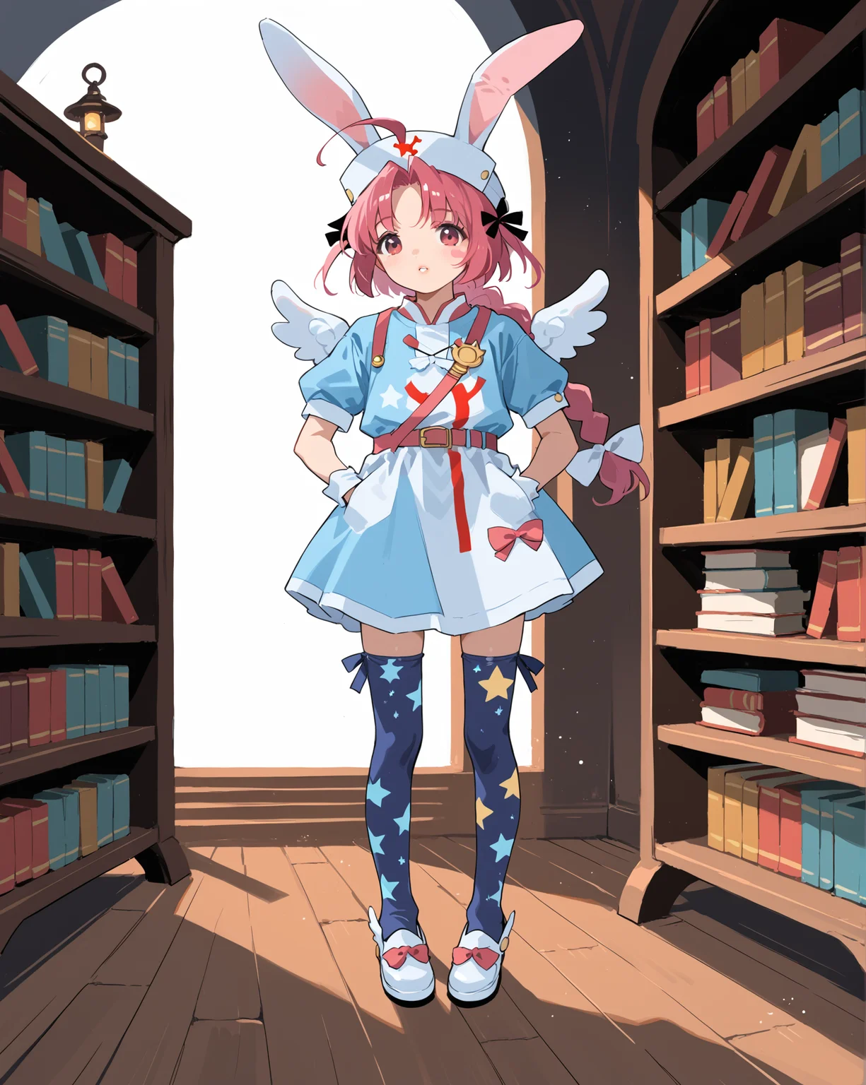 PonyScores7, source_anime, ah1, 1girl, lips, bad-hands-5, <lora:xl_more_art-full_v1:0.2>, <lora:shinyskin2:0.2> glistening skin, <lora:aesthetic_anime_v1s:0.2>, <lora:Expressive_H:0.2> Expressiveh, <lora:hairdetailpxl:0.2> hairdetailpxl, <lora:EpicF4nta5yXL:0.2>, <lora:detailxl:0.2> detailxl, <lora:Fant5yP0ny:0.2>, best quality, amazing quality, best aesthetic, absurdres, <lora:expressive eyes:0.2> expressive eyes, <lora:eyedetailpxl:0.2> eyedetailpxl, illustration, Volumetric_Lighting, ultra-detailed, very aesthetic, intricate details, 8k, masterpiece, best_quality, (Taunting), (High-Key Lighting shot), (Haunted celestial library with ghostly librarians and ancient scrolls), (hands in pockets, body leaning forward, legs slightly apart, casual and laid-back body language), <lora:Eyes_High_Definition:0.3> EyesHD, looking at viewer, Stable_Yogis_PDXL_Positives, AS-Adult, <lora:nakahara_komugi_pony_v1:0.8> nakahara_komugi, pink hair,hat, animal ears, braid, pink eyes, ahoge, long hair, rabbit ears, wings, star print, jewelry, star (symbol), dress, white gloves, stickers, zettai ryouiki, print thighhighs, winged footwear,