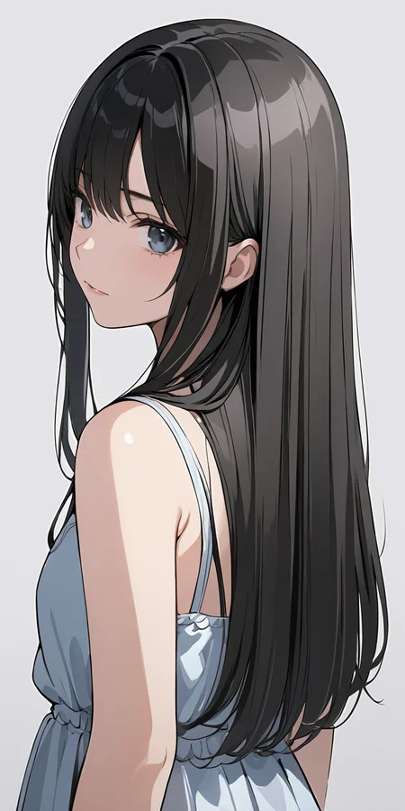 (masterpiece,ultra-detailed,best quality,8K,illustration:1.2),cute face,clean skin ,shiny hair,girl,ultra-detailed-eyes,simple background, <lora:add-detail-xl:1> <lora:straight hair_XL_V1.0:0.8> straight hair,black hair,from behind