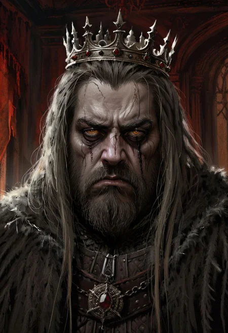 (horror-themed digital painting in jrst artstyle:1.2) about a mad king, close-up portrait, hair down, dirty, stubble beard, sad, depressed, tear, tattered noble outfit, crumbling palace interior, unsettling, terrifying, dark, spooky, suspenseful, grim, highly detailed