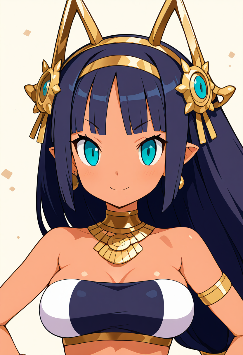 masterpiece, best quality, 1girl, solo, eyelashes, (beautiful eyes), shiny skin, looking at viewer, smile,    h3nn4, aqua eyes, black hair, blunt bangs, hair ornament, hairband, long hair, low-tied long hair, dark skin, earrings,   necklace, bracelet, crop top, bandeau, bare shoulders,    large breasts, (upper body, straight-on ),    <lora:HennaDisgaea_IXL_v1:1.0>,  <lora:HaradaTakehito_NAI:0.5>,