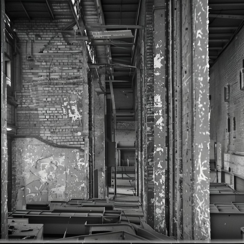 hasselblad monochrome, ein altes lostplace - alte fabrik - irgendwo in deutschland, innenansicht, gro﷿e halle