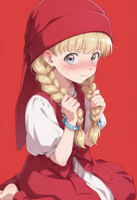 anime screencap, anime coloring, <lora:DX888Veronica:1> veronica, blue eyes, child, blonde hair, long hair, twin braids, hair over shoulder BREAK red headwear, red dress, puffy sleeves, waist bow, bracelet, BREAK red background, heaven condition,, BREAK 1girl, closed mouth, embarrassed, hand in own hair, hands in hair, holding, holding own hair, looking at viewer, nose blush, sidelocks, sweatdrop, (twintails:1.3), upper body, from side, from above, wariza, soles,