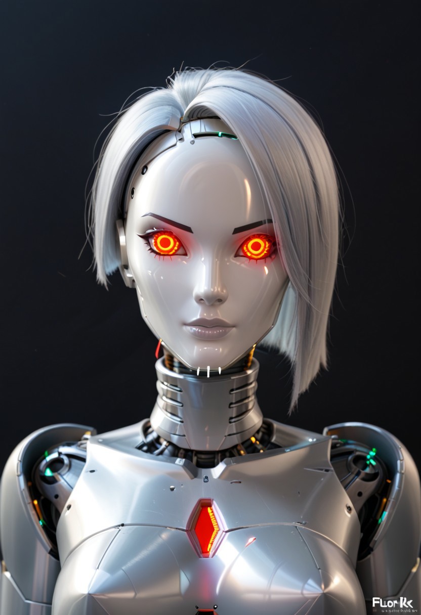 A 35mm photo of a beautiful broken robotic woman, she has a faceless robotic head, robot, silver hair, smooth dark grey metallic featureless feminine body, sparks coming from her broken neck
no face