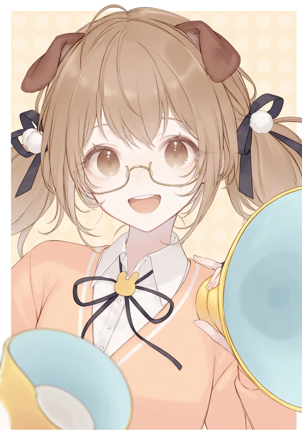 <lora:myc1_noob1.1-000189:0.9>,(yoggi \(stretchmen\):0.3),1girl, virtual youtuber, megaphone, solo, ribbon, animal ears, shirt, black ribbon, glasses, hair ribbon, holding, semi-rimless eyewear, brown hair, collared shirt, smile, open mouth, upper body, brown eyes, looking at viewer, polka dot, white shirt, teeth, polka dot background, long sleeves, holding megaphone, under-rim eyewear, border, upper teeth only, pom pom \(clothes\), cardigan, dog ears, neck ribbon,
masterpiece,best quality,newest,absurdres,highres,very awa,