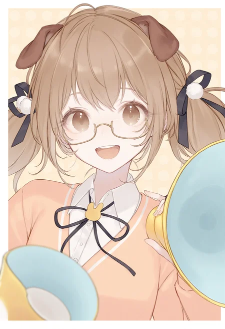 <lora:myc1_noob1.1-000189:0.9>,(yoggi \(stretchmen\):0.3),1girl, virtual youtuber, megaphone, solo, ribbon, animal ears, shirt, black ribbon, glasses, hair ribbon, holding, semi-rimless eyewear, brown hair, collared shirt, smile, open mouth, upper body, brown eyes, looking at viewer, polka dot, white shirt, teeth, polka dot background, long sleeves, holding megaphone, under-rim eyewear, border, upper teeth only, pom pom \(clothes\), cardigan, dog ears, neck ribbon,
masterpiece,best quality,newest,absurdres,highres,very awa,