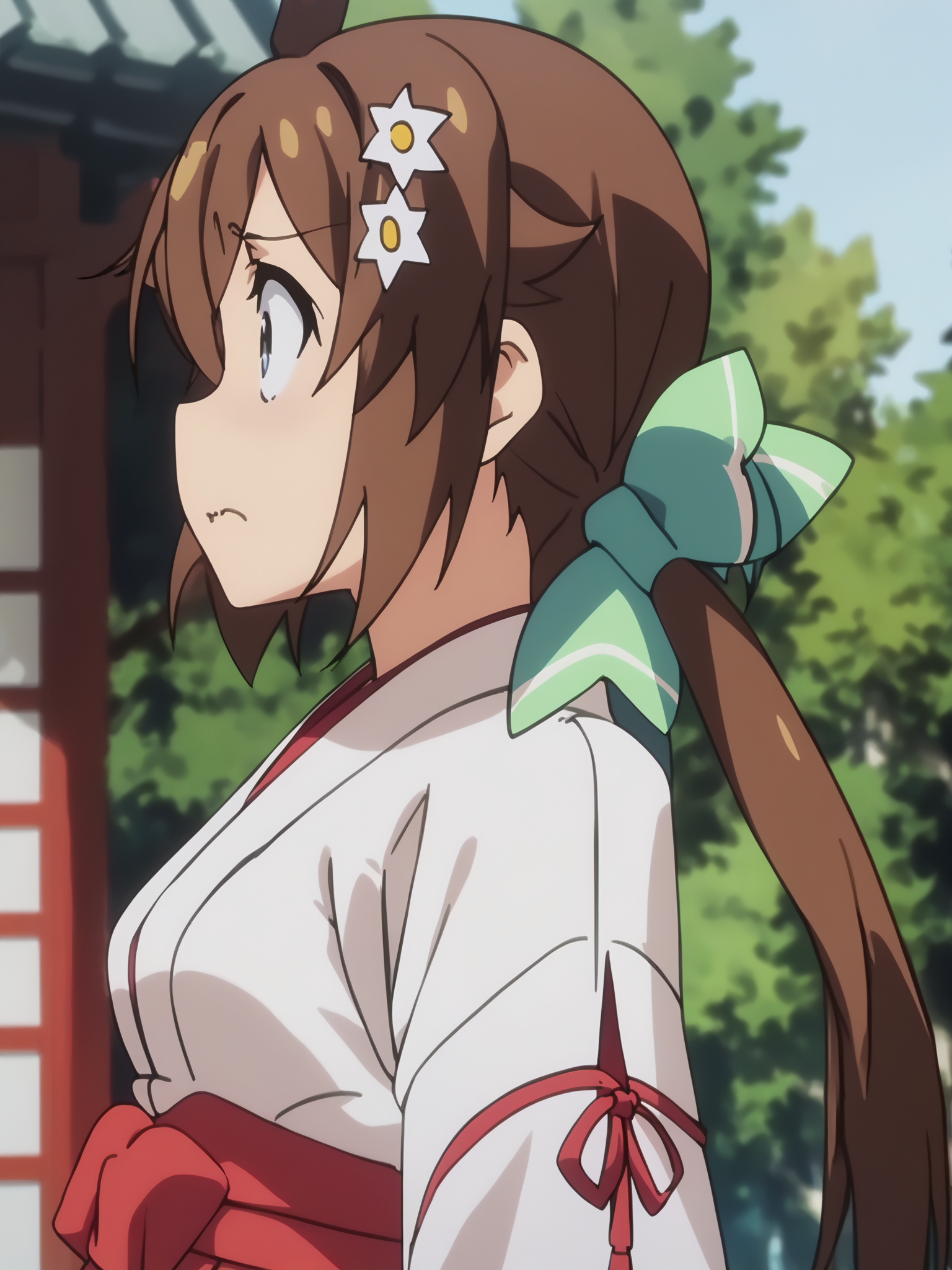<lora:happy_tentacle-koinaka-mio-v0.1-000030:0.9>, ht_koinaka_mio, white kimono, japanese clothes, hakama skirt, red hakama, ribbon-trimmed sleeves, shrine , 1girl, solo, portrait , wide-eyed , (wavy mouth:0.8) , , looking up , , from side , score_9, score_8_up, score_7_up, score_6_up, score_5_up, score_4_up