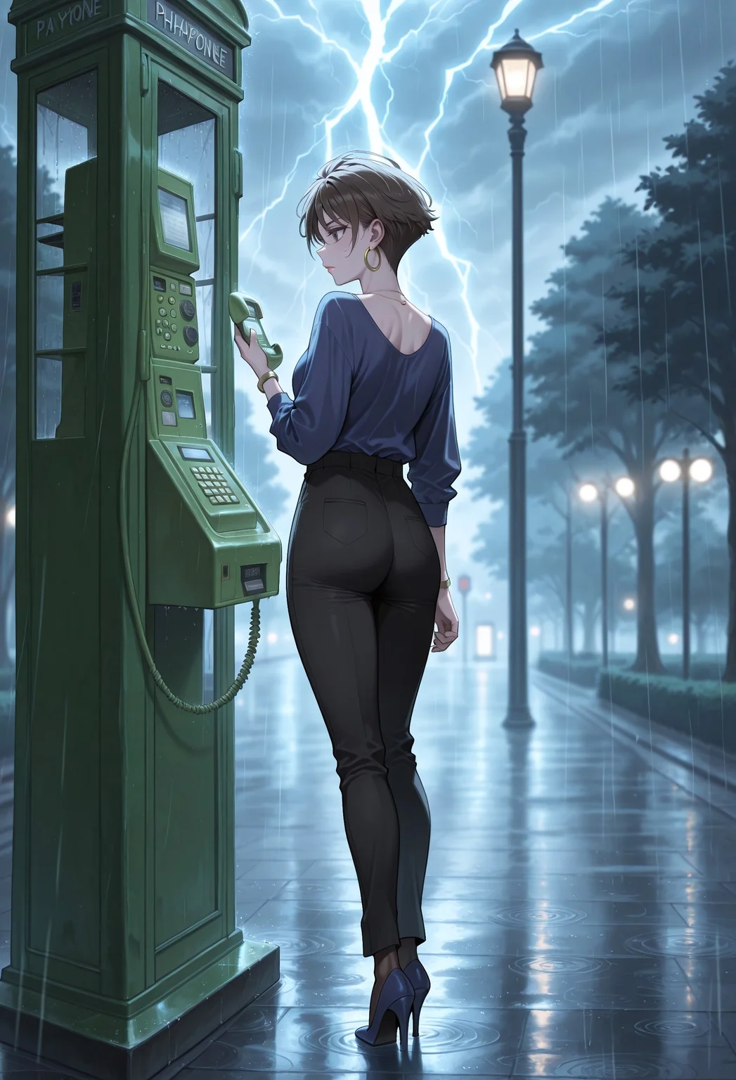 masterpiece, best quality, amazing quality, absurdres,
mayu_Ch0uzawa, 1girl, solo, brown hair, short hair, grey eyes, lips, collarbone, medium breasts, jewelry, necklace, earrings, hoop earrings, blue shirt, shirt tucked in, long sleeves, bracelet, black pants, high-waist pants, pantyhose, blue footwear, high heels,
,holding phone, payphone, phone booth, park, rain, night, dark, blurry background, lighting, thunder, storm, from behind, back view, wide shot,