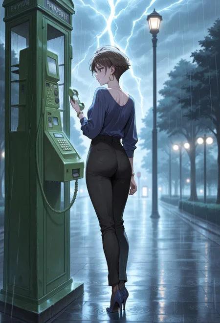 masterpiece, best quality, amazing quality, absurdres, 

mayu_Ch0uzawa, 1girl, solo, brown hair, short hair, grey eyes, lips, collarbone, medium breasts, jewelry, necklace, earrings, hoop earrings, blue shirt, shirt tucked in, long sleeves, bracelet, black pants, high-waist pants, pantyhose, blue footwear, high heels,

,holding phone, payphone, phone booth, park, rain, night, dark, blurry background, lighting, thunder, storm, from behind, back view, wide shot,