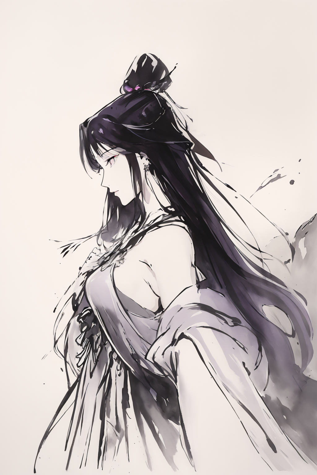 <lora:TMyunxi:1>,yunxi,1girl,hair ornament,purple hair,solo,long hair,jewelry,looking at viewer,shiny,dress,amethyst earrings,one ear has an earring,upper body,expressionless,purple eyes,bare shoulders,closed mouth,earrings,shiny hair,grey background,necklace,simple background,small breasts,
<lora:Freehand_Brushwork:0.7>,
<lora:zyd232_InkStyle_v1_0:0.6>,zydink,(monochrome:1.3),ink sketch,(long hair:1.2),yamakawa,Mountain and river background,, best quality , masterpiece, illustration, an extremely delicate and beautiful, extremely detailed ,CG,unity,8k wallpaper, Amazing, finely detail, masterpiece, best quality,official art,extremely detailed CG unity 8k wallpaper,absurdres, incredibly absurdres, huge filesize , ultra-detailed, highres, extremely detailed,beautiful detailed girl, extremely detailed eyes and face, beautiful detailed eyes,light on face,