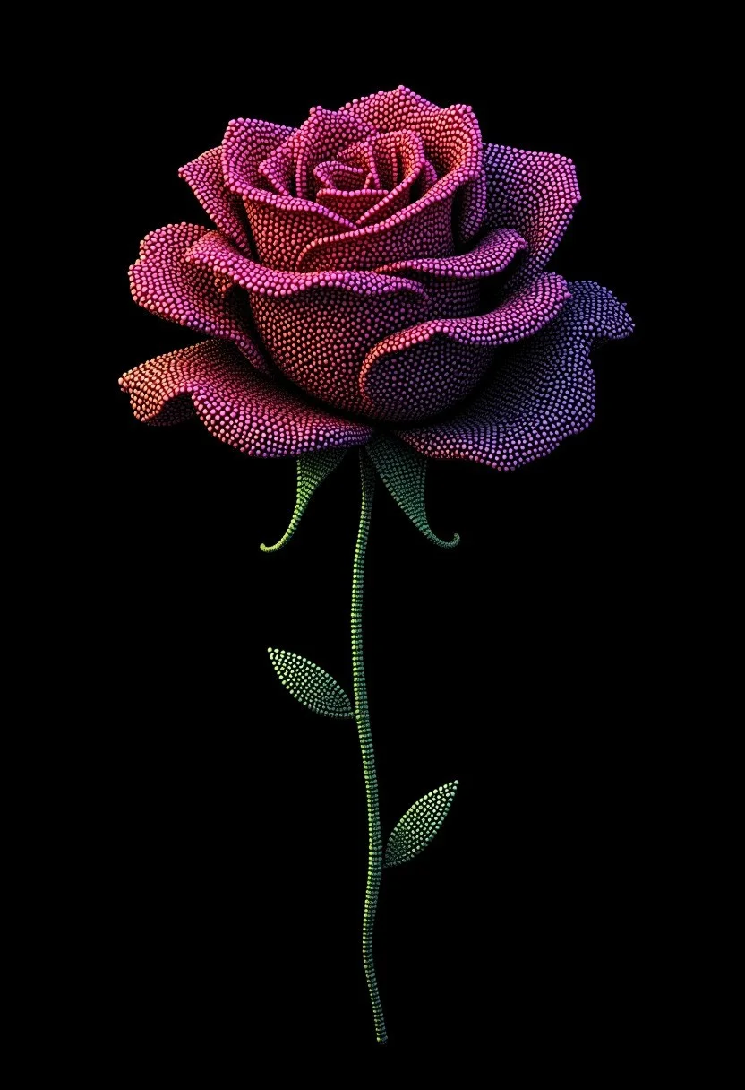A delicate rose in full bloom, made from glowing dots, in the style of PSYCHDOT, isolated on a solid black background