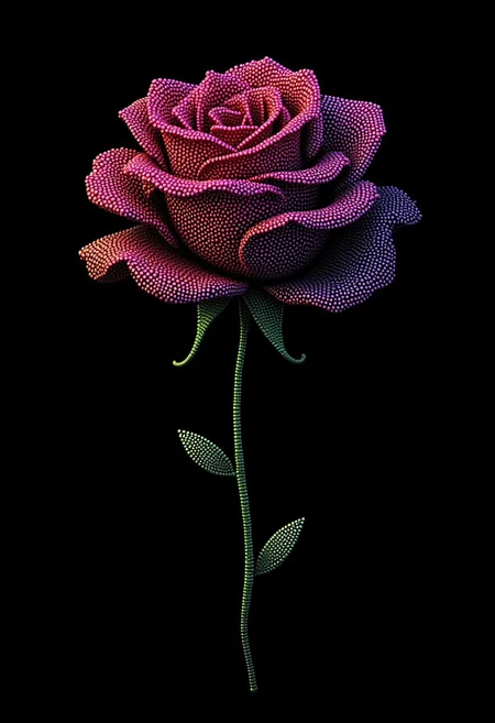 A delicate rose in full bloom, made from glowing dots, in the style of PSYCHDOT, isolated on a solid black background