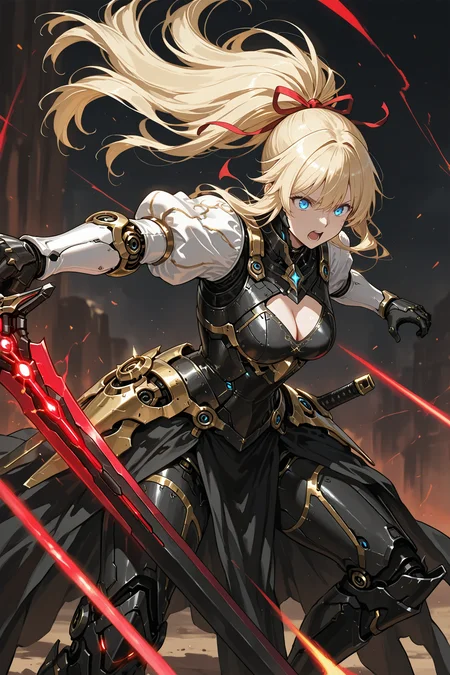 1girl,
(bionic machinery:1.2100000000000002), (bionic armor:1.2100000000000002), blonde hair, blue eyes, long hair, ponytail, black dress, white sleeves, sword, gloves, ribbon, glowing, holding weapon, action, attack pose, long sleeves, holding, glowing weapon, black gloves, juliet sleeves, puffy sleeves, medium breasts, mechanical arms, armor, solo, open mouth, red ribbon, glowing sword, blurry background, cleavage cutout, breasts, clothing cutout, floating hair, weapon, hair ribbon, dress, holding sword, blurry,
A female warrior with long blonde hair and blue eyes. she is wearing a black outfit with gold accents and has a sword in her right hand. the background is dark and there are red sparks flying around her, creating a dramatic and powerful atmosphere. the woman appears to be in mid-air, with her arms stretched out to the sides and her legs bent at the knees. she has a determined expression on her face and her eyes are focused on something in the distance.
<lora:hina_MixArmor_x215c:0.7>