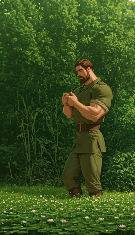 (masterpiece,best quality,amazing quality,absurdres), muscular, military,
<lora:iluha:0.8> iluha, 1boy, male focus, beard, brown hair, solo, facial hair, mustache, short hair, thick eyebrows,
<lora:NOOB_vp1_detailer_by_volnovik_v1:1> <lora:illustrious_quality_modifiers_masterpieces_v1:1> <lora:illustrious_h_v2:0.5> <lora:DarkerThanBlackIllustrious:0.7>
bush, field, flower, flower field, forest, grass, lily pad, nature, no humans, outdoors, overgrown, plant, tree, weaponm, water