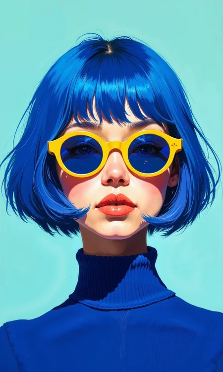 Close-up portrait of a young woman with vibrant blue bobbed hair and round, yellow sunglasses.
The woman's skin tone is light. Her lips are a noticeable shade of coral-orange, and her expression is neutral or slightly pensive.
The hair is a striking electric blue, painted with visible brushstrokes, giving it a textured quality. The bangs are short and neatly framing her face.
The sunglasses are a bright, golden yellow with thick rims. The lenses are also a deep blue color. The overall style of the image is stylized, and the color palette is limited to blues and yellows. The background is a very pale, light blue. A turtleneck-style top in a deep, slightly saturated shade of blue complements the hair color and also utilizes visible brushstrokes.
<lora:FLUX-daubrez-DB4RZ-v2:1> DB4RZ, DB4RZ style painting