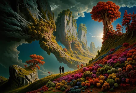 A highly detailed cinematic photography. (in full view:1.2), (seen from a distance, wide angle:0.55), <lora:FluxMythR3ALISTICf:0.7> The style of Issac Asimov,  alien plants, bioluminescent plants. Harmonious madness, synergy with chance, unique art style, mind bending art. Digital painting in a realistic style representing strange visions of A forest, struck by a meteorite that has been altered by radiation coming from the meteor. The forest, once a popular place for walks has transformed into something out of another reality. The trees, plants and animals have all begun to transform into life forms alien to earth. The wild flowers have developed unusual growth patterns, most have become vines. The trees have stayed their usual green color but their shape and size have been altered. Even nonliving things have been altered such as boulders, steel and concrete, some boulders have changed into Sapphire or quartz.    A digital rendering covering the entire area, high-res, ultra detailed, photo manipulation, altered realities, <lora:Midjourney_Whisper_Chromaplex_Velvet_Myst_v01:0.4> <lora:aiai-Glimra-Flux-Dev-v2:0.5> <lora:Epic_gorgeous_Details-flux.1:0.4> <lora:Amazing_scenery_V2:0.35> <lora:Amazing_scenery_v3:0.4> <lora:Karol_Bak_-_ArtStyle_FLUX:0.5> <lora:Strange_and_unsettling-Flux:0.7> <lora:Realism-lora-Flux:0.6> <lora:EnvyDramaticLightingXL02_photo:0.7>