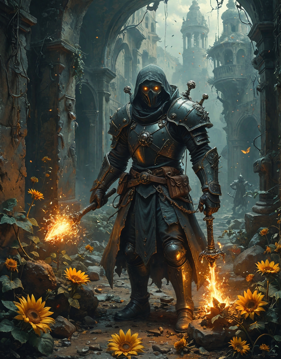 retro-futuristic (void cultist knight with singularity mace:1.2), crushing enemy helm with hydraulic-powered gauntlet, radioactive_ooze, Dark energy vineyard growing nothingness wine,  gravity rains pulling objects upward temporarily, planetary tilt altering hourly,Data coma midnight with cloud standby, A proliferation of ferromagnetic sunflowers tracking solar flares,
<lora:tbh297-sdxl:0.15>,
<lora:tbh124-sdxl:0.15> style of Jean-Antoine Watteau,
<lora:tbh189-sdxl:0.3> style of Hieronymus Bosch
<lora:add-detail-xl:0.7>,
<lora:extremely_detailed:0.7> extremely detailed,
<lora:Flux-XL_Scenery:0.15> flux-scenery,
<lora:Flux-style-xl-lora:0.15> flux-style
<lora:1dkXLP:0.15> 1dk,
<lora:PainterlyFantasiaFlux:0.15> Digital painting style,
8K resolution, ultra-detailed cinematic composition, contemporary concept art style, volumetric magical atmosphere with ethereal glow, rich complementary color palette, vivid gradients and chiaroscuro contrast, dynamic perspective with layered depth of field, inspiring awe-inspiring mood, Unreal Engine 5 render quality, intricate textures, flawless anatomy, rule of thirds composition, luminous highlights, surreal ambiance, award-winning illustration, harmonious balance of light and shadow, photorealistic details, ArtStation trending, chromatic accents, nostalgic futurism, dreamlike serenity, bold creativity, professional finish, sharp focus, ambient background, fascinating dynamic motion,, Baroque art style, dynamic composition, dramatic lighting, rich colors, intricate details, professional-grade execution, captures the grandeur and theatricality of the Baroque period, Apocalyptic surrealism art style, digital painting, eerie and haunting, surreal landscapes, dystopian ruins, twisted reality, dreamlike and nightmarish scenes, vibrant and dark color palette, intricate details, professional-grade execution, evokes a sense of doom and otherworldliness . vintage sci-fi, 50s and 60s style, atomic age, vibrant, highly detailed
