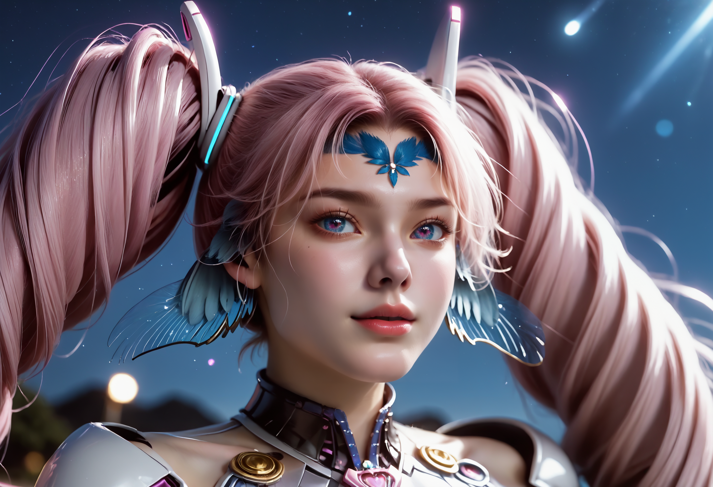 Masterpiece, best quality, amazing quality, very aesthetic, high resolution, ultra-detailed, absurdres, HDR, cinematic lighting, highres, newest, 
aichen, 1girl, pink hair, solo, long hair, twintails, drill hair,  purple eyes, blue head wings, blue forehead jewel, hair ornament, glowing golden rings on the twintails at the end, dutch_angle, pink aura, heart, dynamic_pose, bodysuit, realistic, photorealistic, cropped_hoodie, pleated_skirt, night, moonlight, white_legwear, white_footwear, beach, blush_stickers, full-face_blush, garter_straps, close, bokeh, portrait,