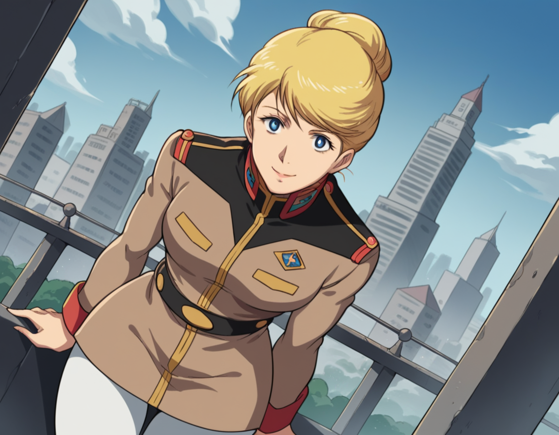 score_9, score_8_up, score_7_up, source_anime,
crowleyhamon, <lora:crowley-hamon-ova-ponyxl-lora-nochekaiser:0.7>,
crowley hamon, medium hair, blonde hair, blue eyes, hair over shoulder,
pantyhose, belt, uniform, military, military uniform, white pantyhose, hair bun, single hair bun,
outdoors, cityscape, bent over, smile,
looking at viewer, cowboy shot, solo, dutch angle,