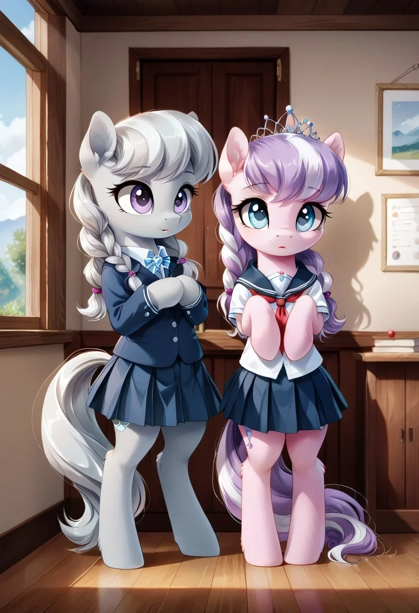 score_9, score_8_up, score_7_up, score_6, score_5_up, score_4_up, rating_safe, full body, ((duo, duet)), young, furry, fluffy, fluffy fur, perfect eyes, (only pony)
Diamond_Tiara\(my_little_pony\), Silver_spoon\(my_little_pony\), wearing school uniform, bipedal, ((leaning at the wall)),
(((inside school))), chating, eye contact,
(high detailed face), (high art quality), (high detailed), 4k, (high resolution), (8k resolution), masterpiece, best quality, ((scenery)), detailed background