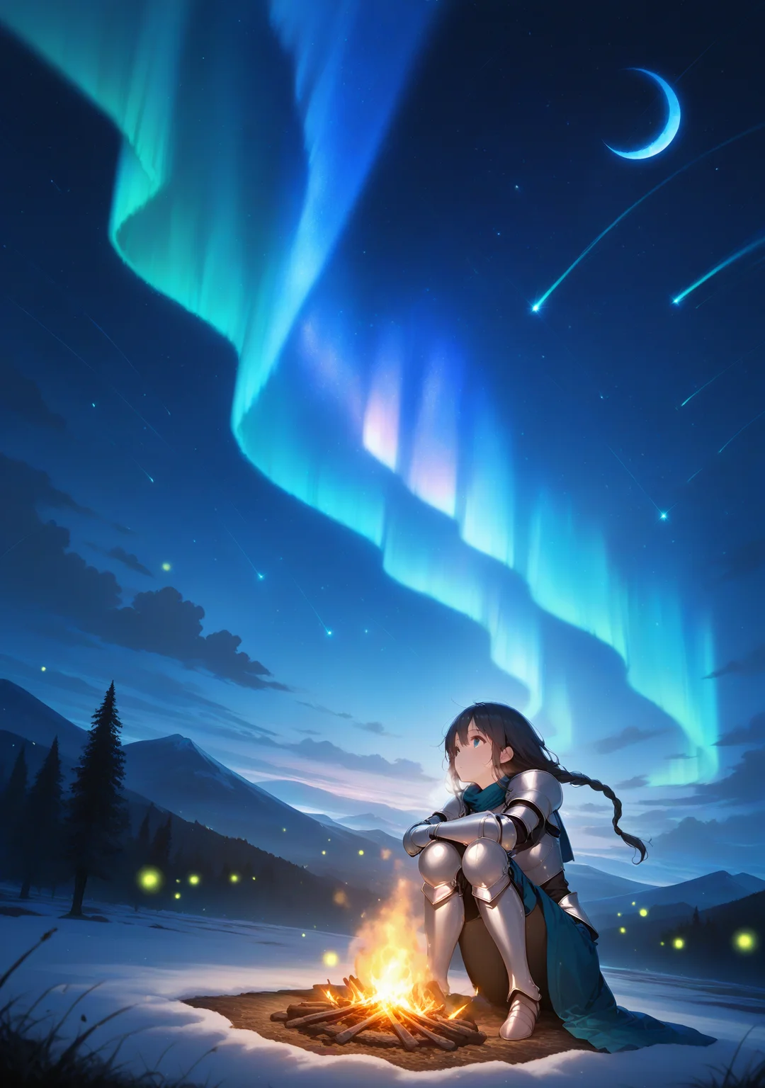 masterpiece,best quality,amazing quality,
<lora:ricotte2:1>,ricottestyle,
1girl,aerial fireworks,armor,armored boots,aurora,boots,braid,campfire,cloud,constellation,crescent moon,earth \(planet\),fireflies,fireworks,galaxy,light particles,long hair,milky way,moon,moonlight,night,night sky,planet,shooting star,sky,skyline,snowing,solo,space,standing,star \(sky\),star \(symbol\),starry background,starry sky,starry sky print,sitting,