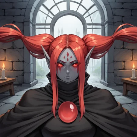 score_9, score_8_up, score_7_up, source anime, <lora:backgroundsetXL:0.3> , background, scenery, ruins, overgrown, night, gloom, spooky, indoors, interior, castle, medieval, BREAK, solo, <lora:RuneElf:0.8>, 3lfd4rk, 1girl, red hair, twintails, sidelocks, colored skin, grey skin, pointy ears, red sclera, red eyes, glowing eyes, forehead mark, facepaint, popped collar, capelet, black capelet, face, close-up, long hair, looking at viewer, adult female, long hair, evil, malice, (covered mouth),