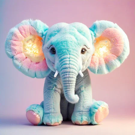 elephant-teddy hybrid cub, giant lollipop, cuddly, toys come to life, dreamlike, soft lighting, pastel colors, whimsical creatures, magical, glowing candy, detailed fur textures