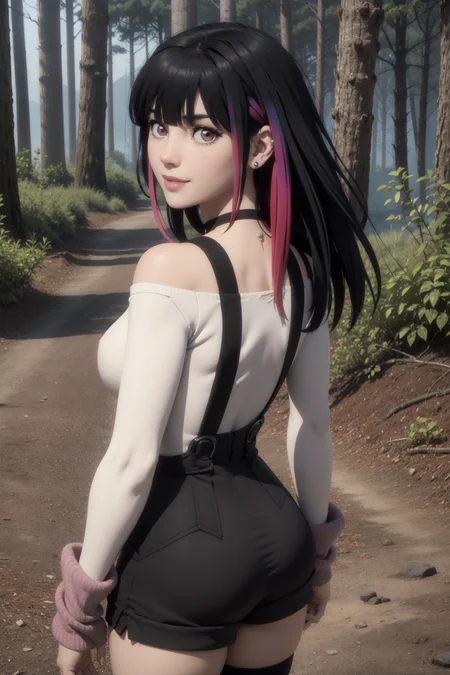 rouge redstar,1girl, black hair, solo, long hair, pink eyes, blunt bangs,(black overall shorts), white shirt,off-shoulder shirt,suspenders, indian red arm warmers, ear ornament, black choker, long sleeves, looking at viewer,serious,streaked hair, cowboy shot,japanse forest,from behind, looking back,outdoors,smile,nature.small breasts,from above,ass,(Maya 3d render:1.05), (masterpiece:1.3), (hires, high resolution:1.3), subsurface scattering <lora:rougue_redstar_v1:1>