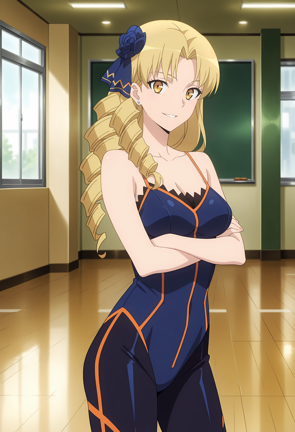 anime screencap, masterpiece, best quality,
<lora:FateSeries_LordEl-MelloiII_EdelfeltLuviagelita_IlluXL:0.75>,
1girl, solo, parted lips, light smile, grin,
drill hair, long hair, blonde hair, yellow eyes, hair bow, blue bow, stud earrings,
bare shoulders, collarbone, spaghetti strap, spandex, medium breasts, multicolored bodysuit, orange trim, blue bodysuit, black bodysuit,
crossed arms, standing, looking at viewer, cowboy shot,
indoors, gym
