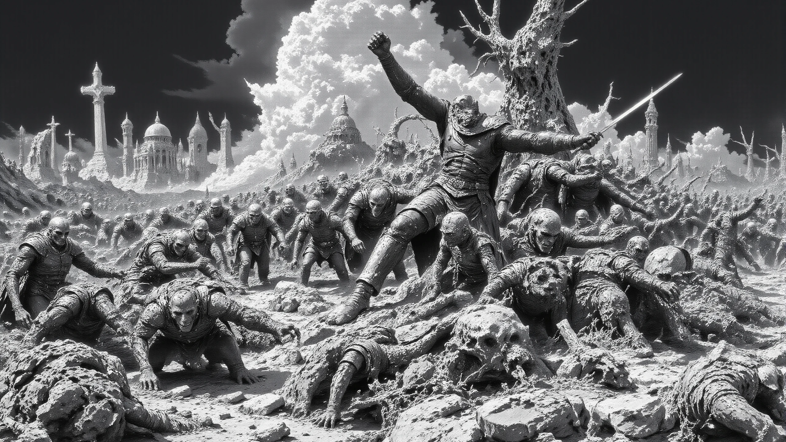 terror horror fantasy landscape, graveyard, comics, very detailed medieval warrior  holding a sword fighting against a group of esquletons, vampires and monsters, (multilayer paint splash style),  <lora:Hand v2:1> <lora:Anti-Blur:1> <lora:Insane Detail Slider:0.5>   <lora:Flux.1_Turbo_Detailer:0.6>   <lora:flux-photo-transparent_Alpha_1.0:0.8> <lora:flux.1_lora_flyway_Epic-detail_v2:1>   <lora:FluxMythP0rtr4itStyle:0.8> mythp0rt <lora:zy_Dark_Fantasy_Flux:0.5> <lora:Wraith_BW_Flux:0.2> B&W